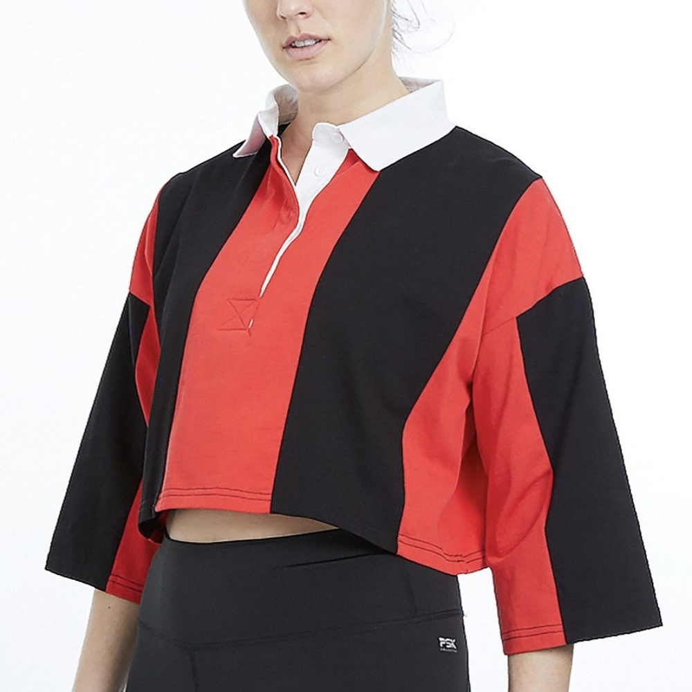 PSK Collective Top Women's Size XL Color Block Crop Rugby Jersey Elbow-Sleeves